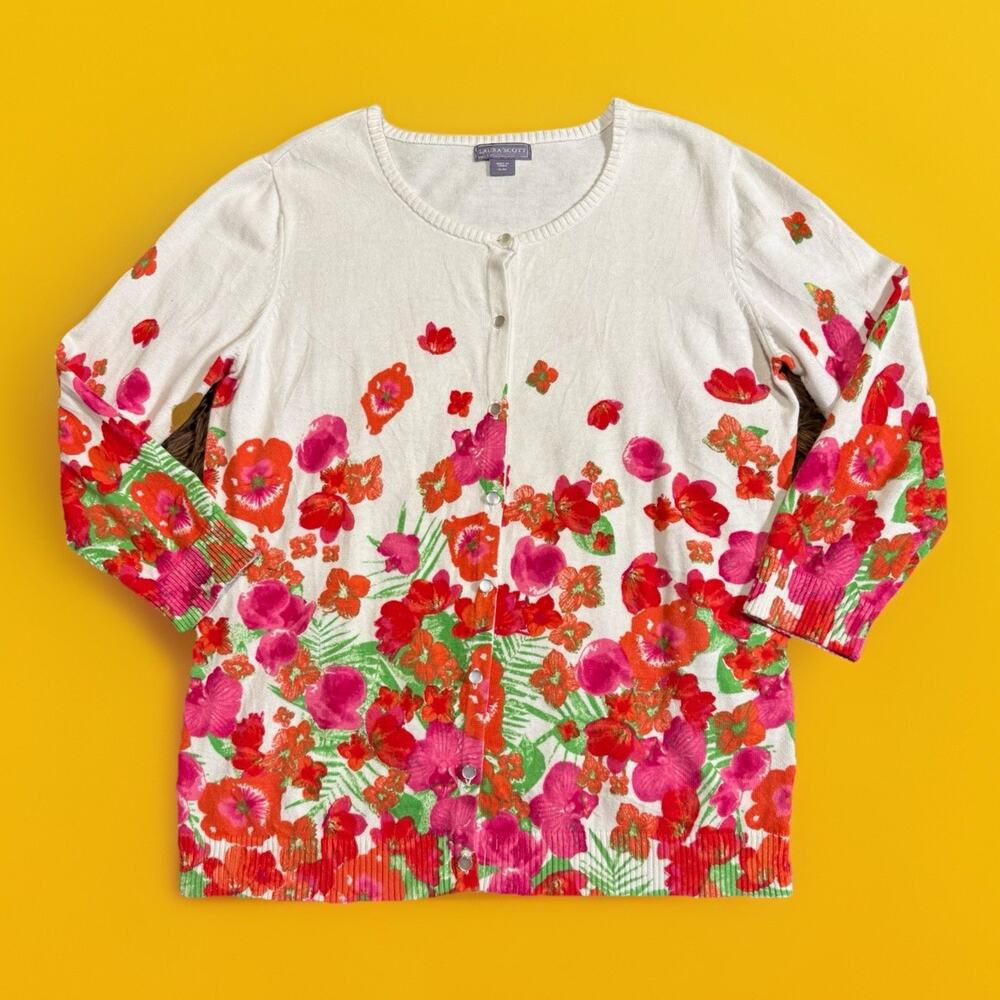 XL LAURA SCOTT FLORAL BUTTON FRONT 100% COTTON KNIT CROCHET CARDIGAN SWEATER NEW